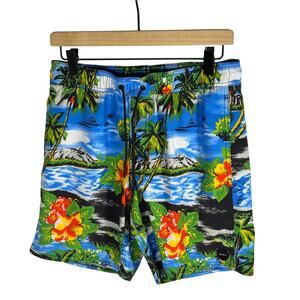 RVCA Men’s Elastic Swim Shorts – Tropical Pattern – Small – Unlined – Used